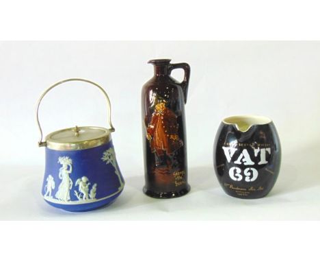 A Royal Doulton Kingsware brown glazed flagon of high shouldered single handled form, with moulded and painted decoration of 