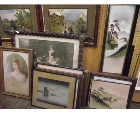 A collection of late 19th, early 20th century and other pictures including a pair of coloured prints showing Edward VII and Q