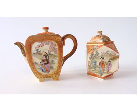 A late 19th century miniature Satsuma teapot and cover of four sided form with alternating floral,  female character and chil