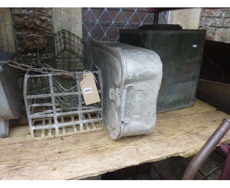 A vintage galvanised steel strapwork crate of rectangular form, to hold twelve bottles together with a Ross Group galvanised 
