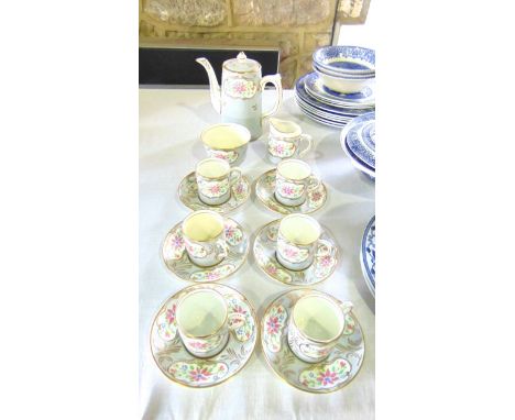 A six place Salisbury Crown China coffee set with painted blue and pink floral sprigs on a pale grey ground comprising coffee