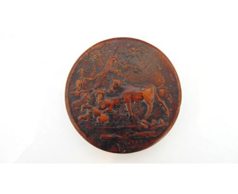 A Georgian burr timber snuff box, circular, with detailed image of a contented farmer and livestock, marked Patre