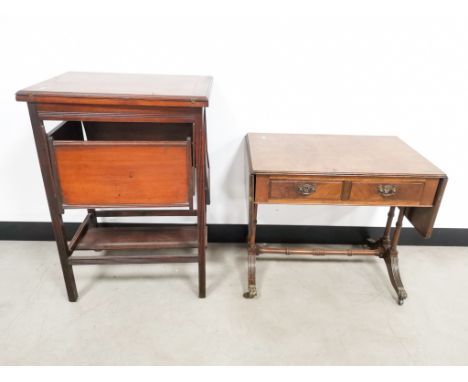 Mahogany card table,  with four folding shelves, 75cm H x 38cm W x 52cm (closed), together with a drop leaf sofa table, 54cm 