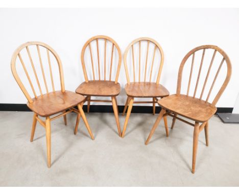 Set of four mid 20th Century beech and elm hoop back Windsor side chairs,  possibly Ercol, debossed stamp to base for the Bri