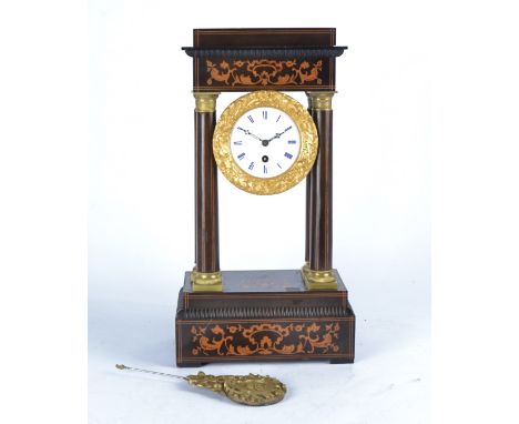 A 19th Century French ebonised wood ormolu four pillar portico clock,  on plinth base, white enamel dial with Roman numerals 