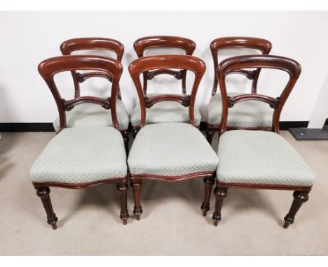 Set of six Victorian mahogany dining chairs, with light blue upholstered seats