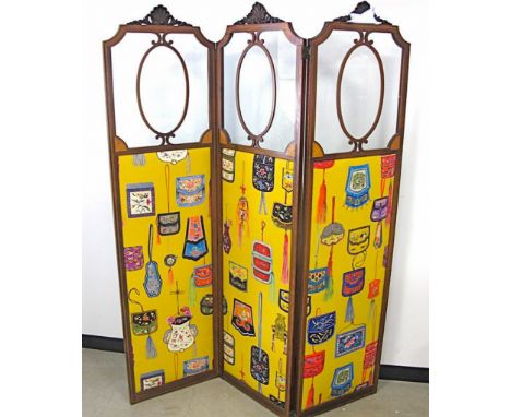 A three fold Edwardian inlaid screen, mahogany frame with cross banding and stringing surmounted by leaf cresting and scroll 