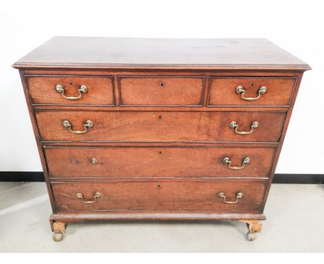 Victorian three over three chest of drawers, set on bracket feet with later castors applied.