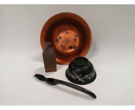 Two 20th Century Japanese lacquered bowls,  one with internal decoration of goldfish, diameter 22cm, together with a salt gla