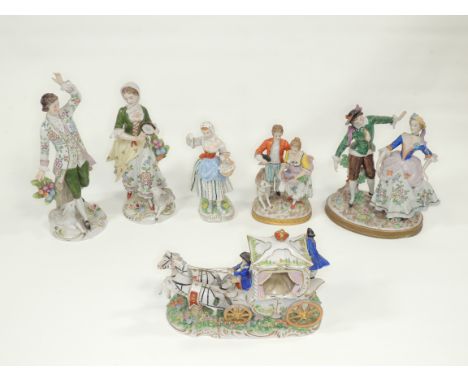 A pair of 20th Century Sitzendorf porcelain figures, a young woman and a young gentleman both accompanied by lambs, height of