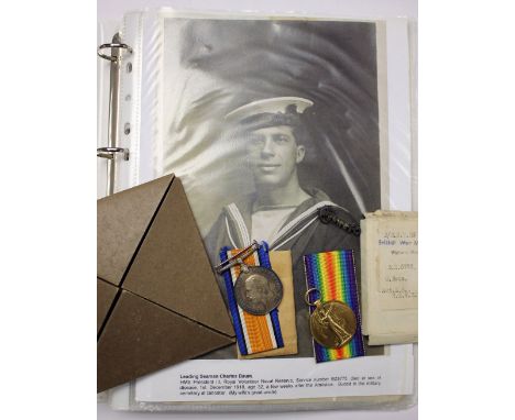 World War One Royal Navy group: British War Medal and Victory Medal Memorial Plaque in original card packaging with paper sli