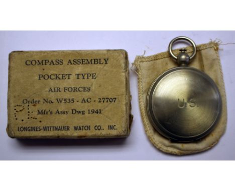 WW2 USAAF Compass, Pocket type, Air Forces. Still in original cloth cover and in cardboard box of issue. Made by Longines-Wit