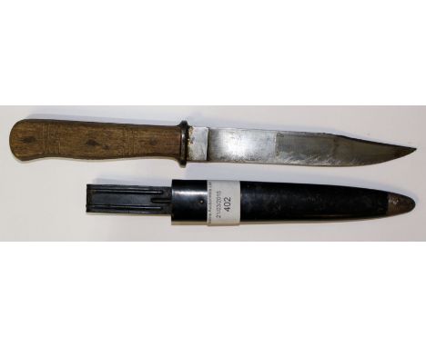 World War Two German trench knife and scabbard. No makers markings. Black painted scabbard with sprung belt clip