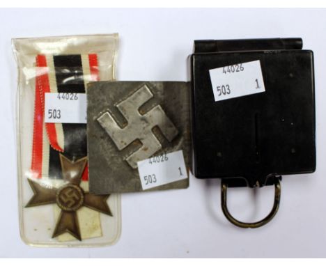 World War Two Germany War Merit Cross without swords, Trench Art plate with marching compass 