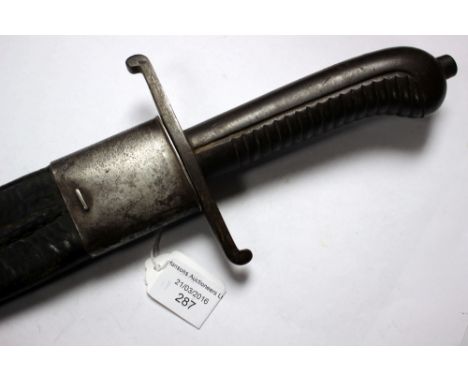 Circa 1860 German Pioneer Falschion maker marked on ricasso "Gebr. Weyersberg Solingen". With leather scabbard. Belt hook fit