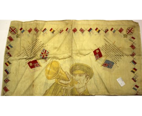 A fund raising handkerchief/neck scarf for World War One produced by the Daily Chronicle 'Fall In' with a screen print of a K