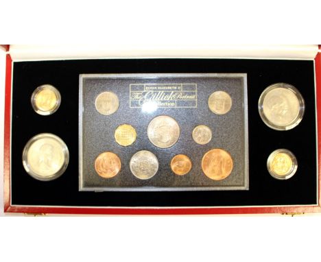 The Gillick portrait collection of thirteen coins from pre decimal era of Elizabeth II includes gold Sovereigns 1957 and 1958