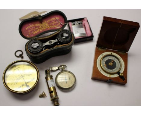 RAF medical pin, vintage pedometer, London City Police whistle, German made haar hygrometer, 1950s Ronson lighter in box, 191