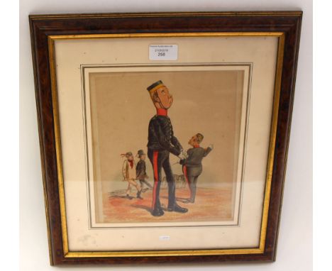 Framed humorous print from 1870 showing new recruits being drilled. 