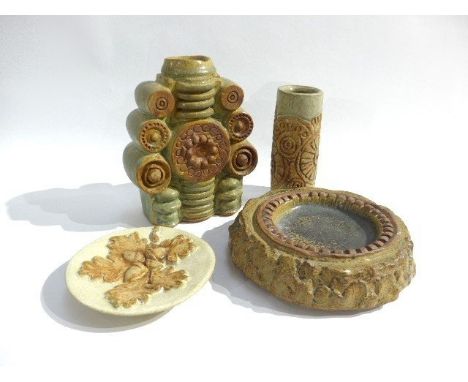 BERNARD ROOKE (b.1938) A collection of studio pottery including abstract relief moulded vases, dish and an oak leaf dish. Tal