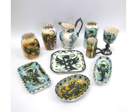 A collection of Celtic Pottery of Newlyn, Pheonix pattern vases and dishes. Tallest 21cm