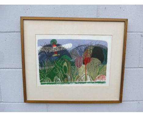 MOSS FULLER (b.1937): A screenprint 'Spray Aeroplane &amp; Thicket', numbered 17/30, 31.5cm x 45cm, pencil signed, framed and