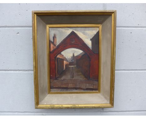 HAROLD RILEY (1934-2023) (ARR) 'Salford Arch' - A framed oil on board. Unsigned. Framers label verso. Image size 33cm x 25cm 