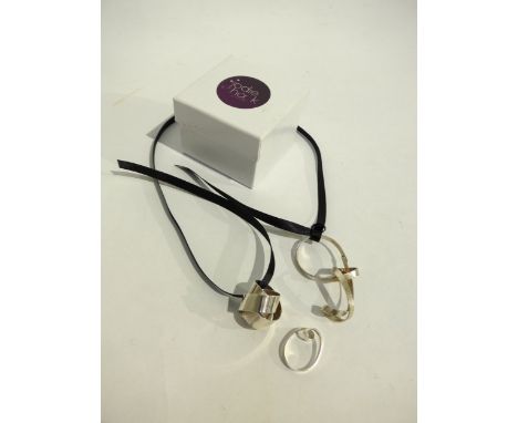 JODIE HOOK (Contemporary Jewellery artist) Two 'Tied Knot' silver pendants, one with cross hatch detailing. Both hall marked.