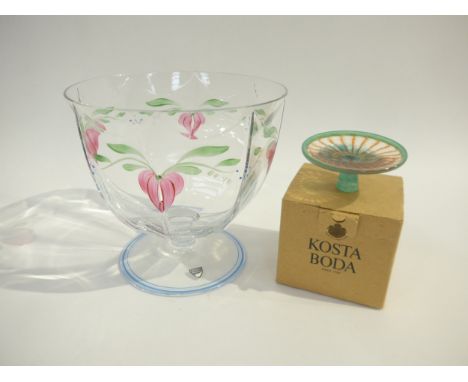 An Orrefors Swedish art glass large bowl with original label, 16.5cm high and a small Kosta Soda bowl with etched signatures 
