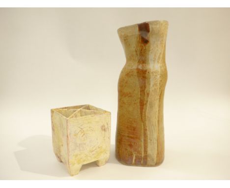 Two studio pottery hand built vessels, square form planter, 12cm high and a free form vase, 31cm high