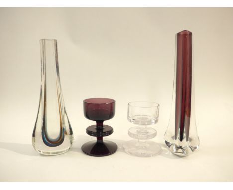 Two Wedgwood Glass 'Sheringham' candlesticks, single ring in clear and amethyst, a Whitefriars Aubergine tricorn vase and a m
