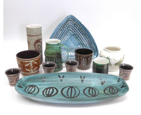 A collection of Iden, Cinque Ports and David Sharp Rye Pottery, small vases, jugs and large dishes. Tallest  21cm, largest di