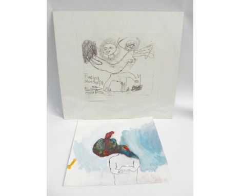 KATE WALTERS (XX/XXI St Ives artist) A mono print 'Finding Shoes To Fit' and a small painting, signed. Largest overall 46cm x