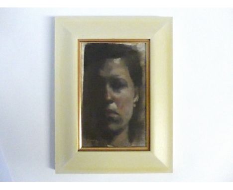 A framed acrylic on board, portrait of a woman, indistinctly signed lower left. Image size 26cm x 16cm
