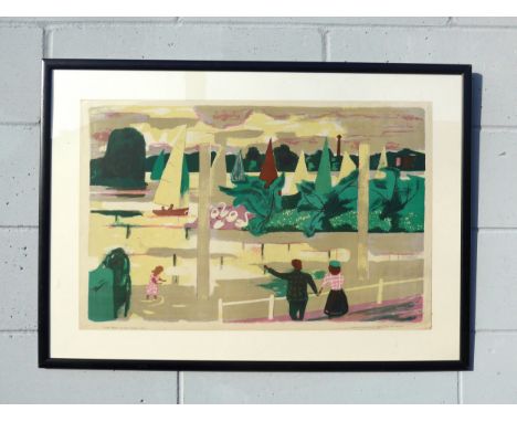 A Julian Trevelyan (1910-1988) lithograph, 'Thames Regatta' for School Prints Ltd, 1951. Sheet size 49cm x 76cm. Framed and g