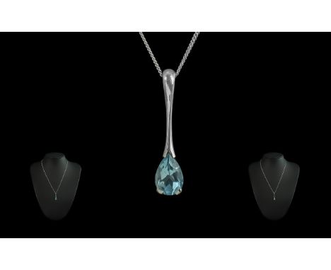Ladies - Attractive 9ct White Gold Aquamarine Set Pendant Drop with Attached White Gold Chain. Both Pendant / Chain with Full