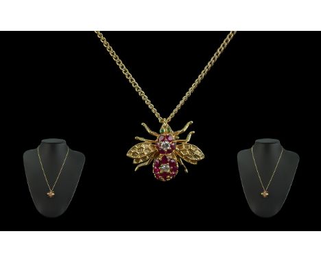 18ct Gold Novelty Insect Brooch/ Pendant with attached 18ct gold chain, the realistic insect/ fly set with diamonds and rubie
