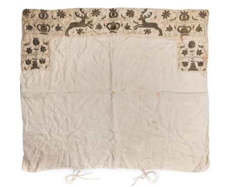 *Embroidery. Three fragments of metallic thread embroidery, English, 17th century,  forming an embroidered border on linen, e