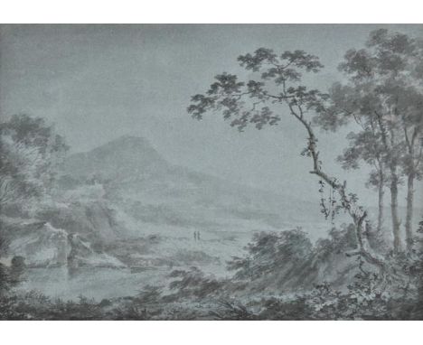 *Watercolours. Italianate landscape, with figures in the distance,  monochrome wash drawing on pale blue paper, early 19th ce