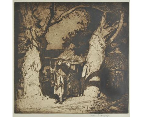 *Brangwyn (Frank, 1867-1956 ). The Butcher's Shop: La Boucherie, Wormwood Scrubs, 1904,  etching printed in sepia, a strong d