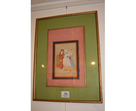 *Persian school. Copulating couple, 19th century,  pen, ink and watercolour on paper, heightened in gold, slight marginal soi
