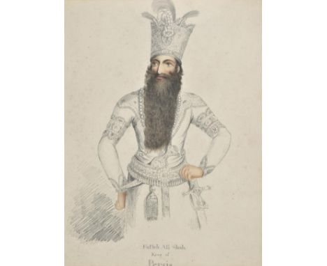 *Persia. Futteh Ali Shah King of Persia, circa 1810-20,  fine pencil and watercolour three-quarter length portrait of the sec