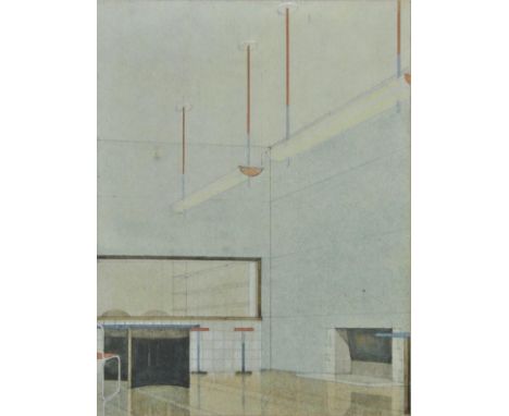 *Modernist Interior. Architectural sketch of an interior, 1920's, watercolour heightened with bodycolour, unsigned, 13.7 x 10