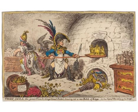 *Gillray (James, 1757-1815). Tiddy-Doll, The great French Gingerbread-Baker drawing out a new batch of Kings - his Man Hoppin