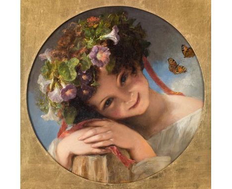 *English school. Portrait of a young girl, circa 1830,  circular oil on canvas, head and shoulders portrait of a young girl w