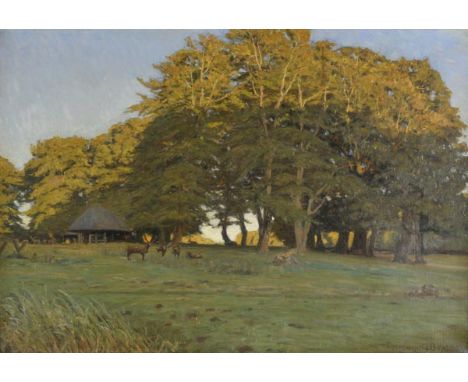 *Bartsch (Karl Frederick, 1829-1908). Dyrehaven, 1902,  oil on canvas of a Danish summer landscape with stag and deer resting