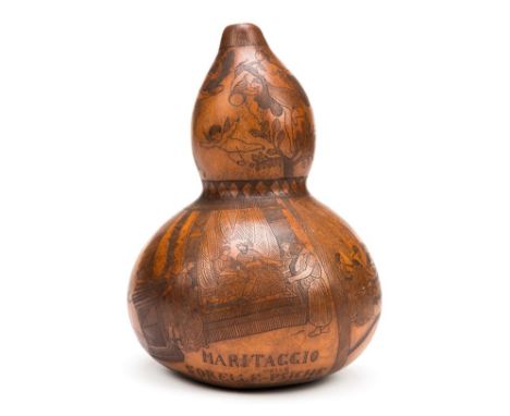 *Gourd. A 19th century Italian double gourd with scrimshaw decoration,  engraved 'Martaggio delle Sorelle di Psiche' (assembl