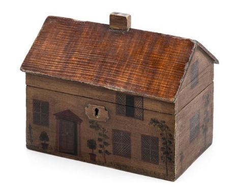 *Tea Caddy. A 19th century tea caddy in the form of a cottage,  painted finish and tin lining, 18cm high x 21.5 cm wide x 13.