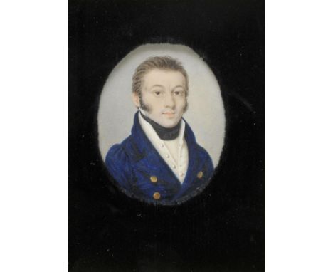 *Miniature. Portrait miniature of a young man in blue coat and black cravat, circa 1830,  oval watercolour and gouache on ivo