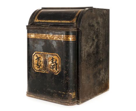 *Tea Caddy. A 19th century Chinese tea bin,  black and gold painted with hinged lid and brass thumbpiece, 69cm high  (1)
